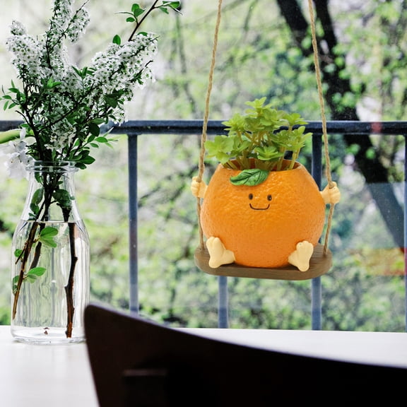 Cute Orange Swinging Hanging Planter, Resin Sculpture Planter, Decorative Resin Planter, With Drainage Holes, Small Hanging Pot, Plant Pot, Suitable for Growing Succulents, Azaleas