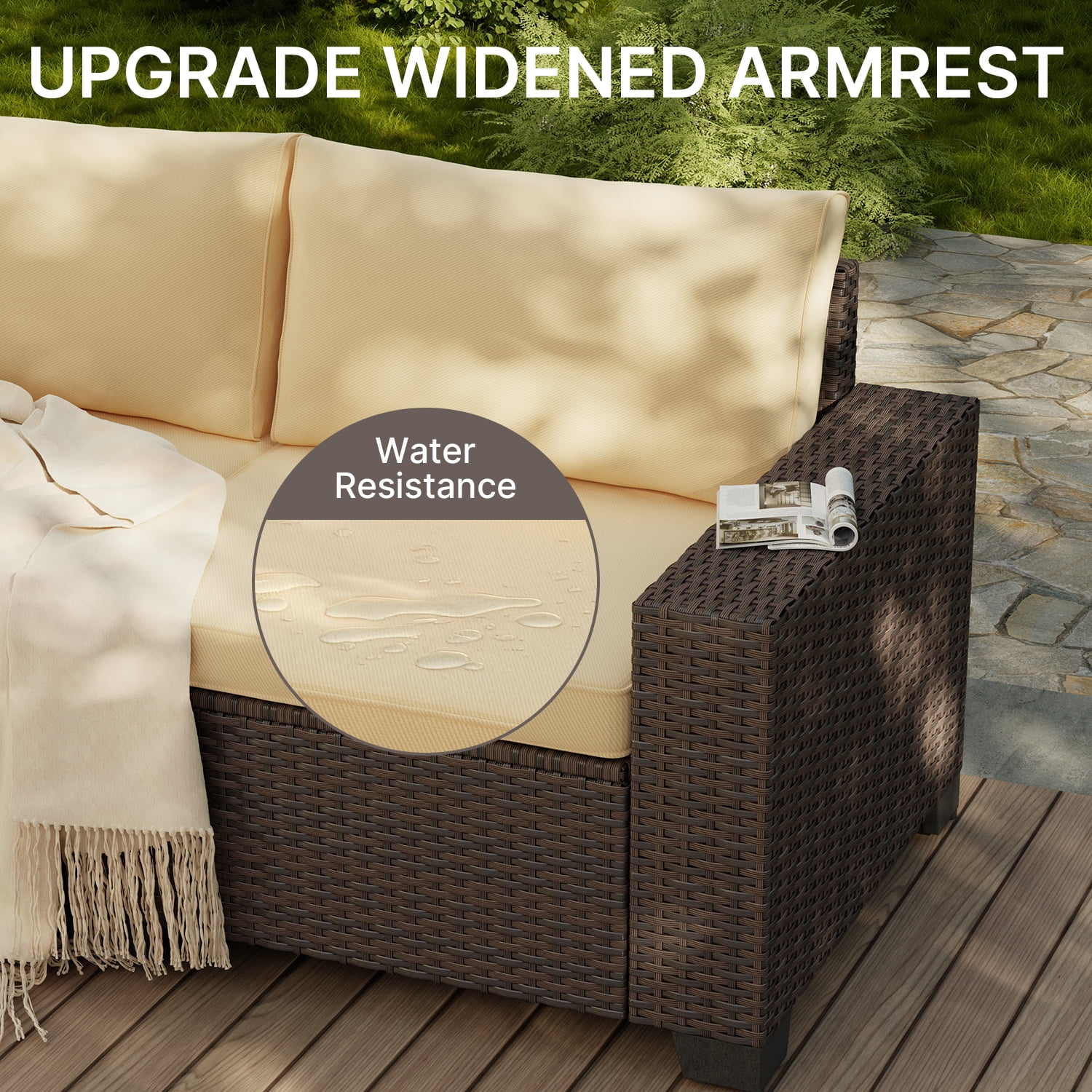 Aiho 6-Piece Outdoor Patio Furniture Set, PE Wicker Rattan Sectional Sofa Conversation Set with Thickened Cushions and Coffee Table for Garden, Backyard, Beige