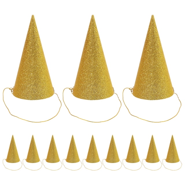 EeaseMX 12 sombreros de fiesta de cono con purpurina, sombreros triangulares de cumpleaños para decoraciones de fiesta de niños y adultos (dorados)
