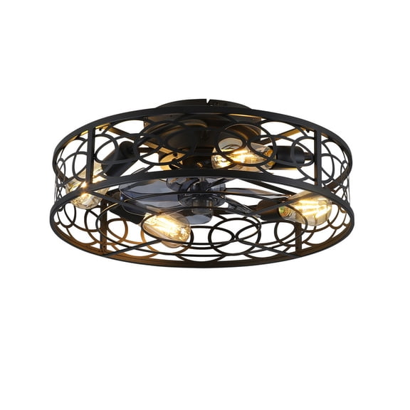 TICOZE 20 Inch Matte Black Caged Ceiling Fan with Lights and Remote Control Bladeless Design 6 Speed Reversible Motor for Living Room, Bedroom（NOT Included Bulbs）