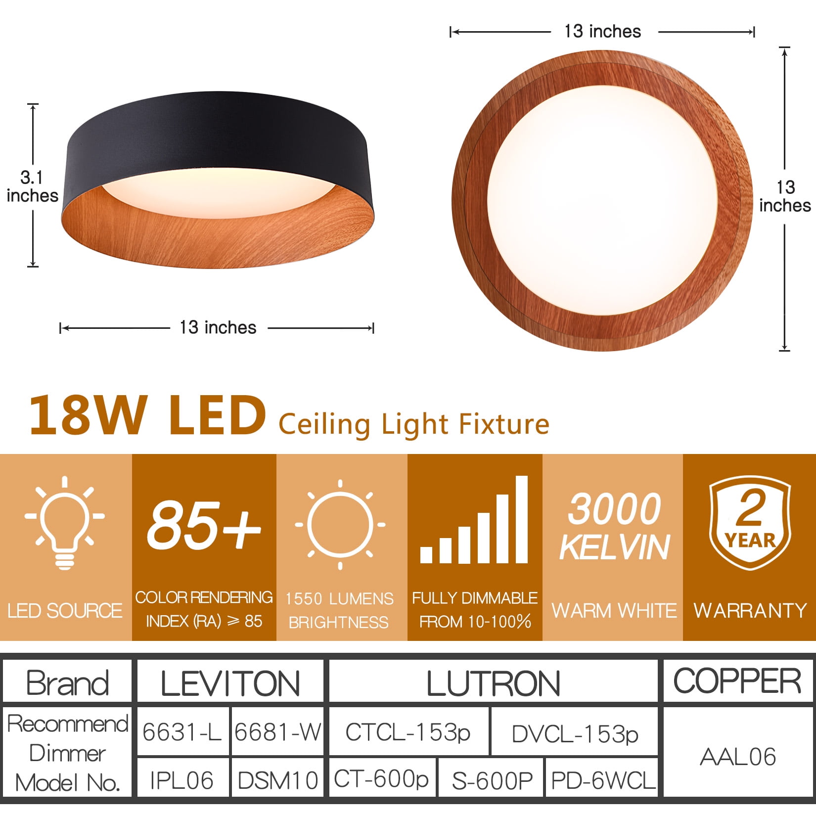 BESTOMINE Flush Mount Ceiling Light,13 inch Ceiling Light Fixtures,Matte Black with Wood Accent,3000K/Warm White/18W(100w Equiv.),Dimmable LED Lighting Fixtures Ceiling for Kitchen,Outdoor