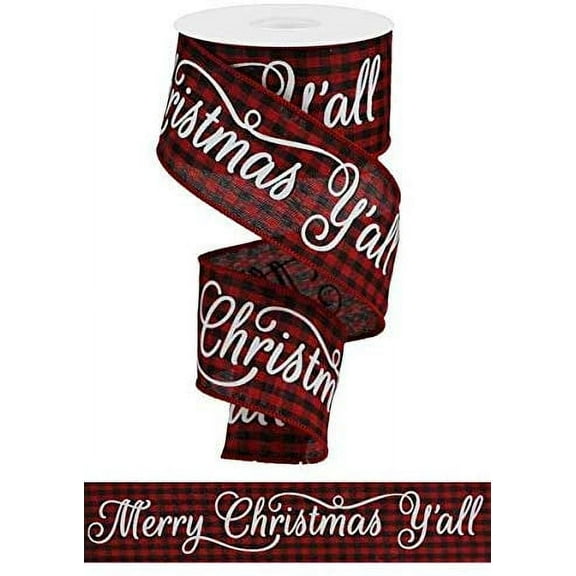 Merry Christmas Y'all Buffalo Plaid Ribbon - 2 1/2" x 10 Yards, White, Red & Black, Wired Edge, Wreath