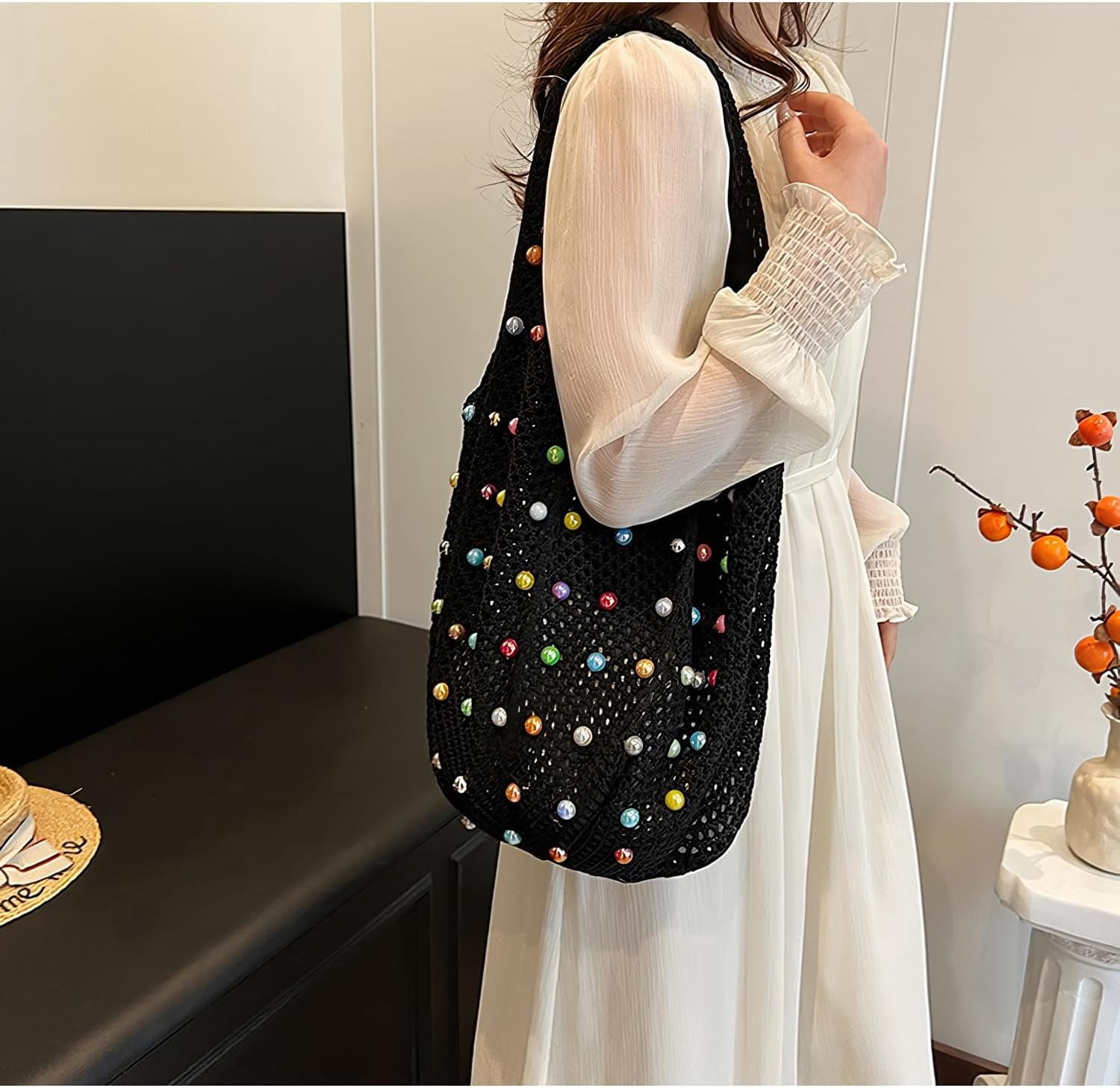 CAILDANL Boho Crochet Beach Tote Shoulder Bag with Colored Beads | Colorful Aesthetic Hippie Knit Bag for Women