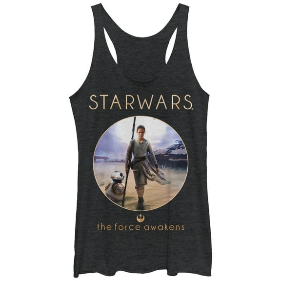 Women's Star Wars The Force Awakens Rey and BB-8 Adventure  Racerback Tank Top Black Heather Small