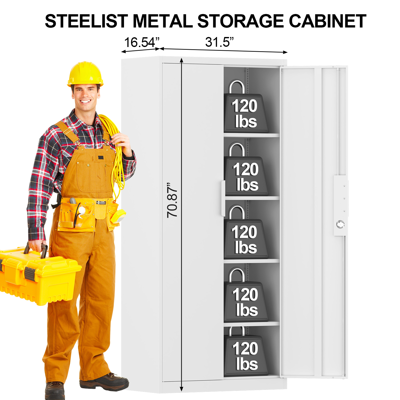 Marcree Metal Garage Storage Cabinet with 2 Doors and Adjustable Shelves - 71" Steel Lockable File Cabinet, Locking Tool Cabinets for Office, Home, Garage, Gym, School (White)