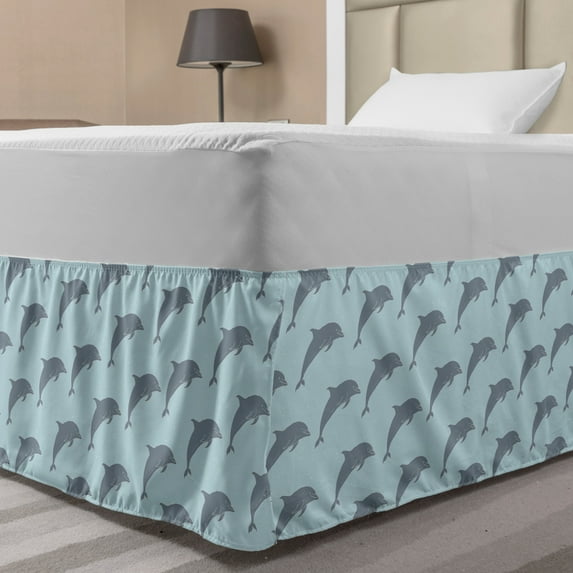 Dolphin Bed Skirt, Simple Marine Themed Pattern with Sea Animal Symmetric Design Graphic, Elastic Bedskirt Dust Ruffle Wrap Around for Bedding Decor, 4 Sizes, Pale Blue and Blue Grey, by Ambesonne