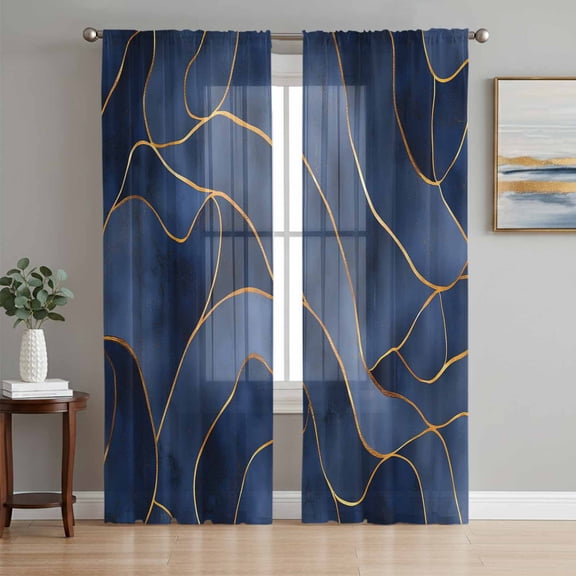 Navy Blue Marble Semi Sheer Window Curtains 96 Inches Long, Modern Golden Geometric Abstract Rod Pocket Voile Silky Chiffon Curtain Light Filtering Drapes for Living Room, Kitchen, 52"x96", 2 Panels