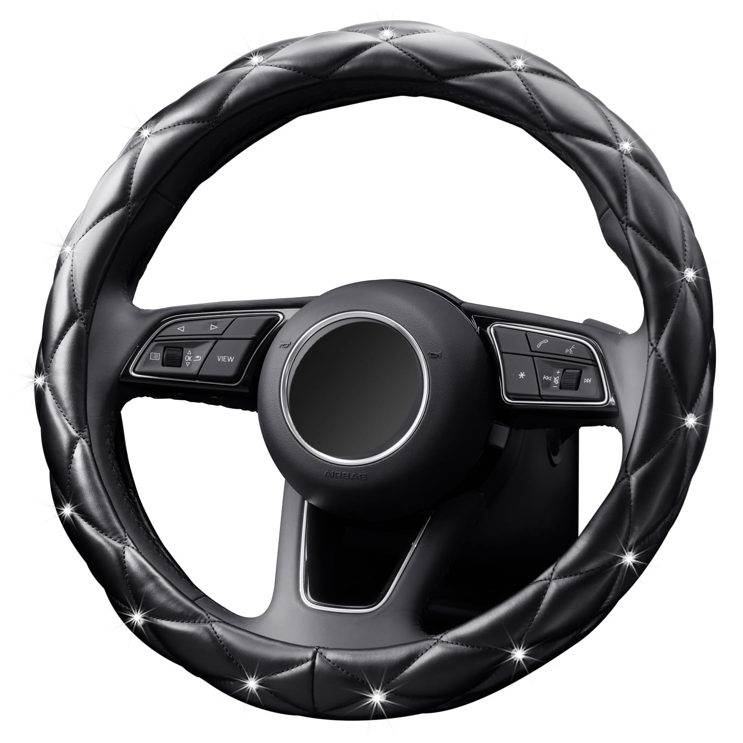 Diamond Soft Leather Anti-Slip Steering Wheel Cover, Stylish Wheel Cover, Cover for Vehicles, Sedans, SUVs, Vans, Trucks, Black