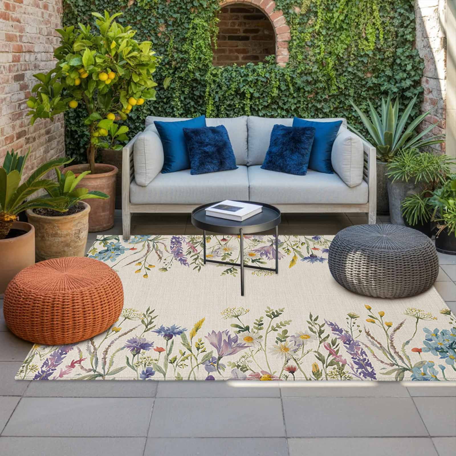 Purple Lavender Outdoor Rug for Patio/Deck/Porch, Non-Slip Large Area Rug 5 x 8 Ft, Spring Rustic Wildflowers Botanical Beige Indoor Outdoor Rugs Washable Area Rugs, Camping Rug Carpet Runner