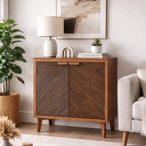 Mid-Century Modern Accent Cabinet with Wave Carved Doors, Wooden Storage Sideboard Cabinet with Adjustable Shelf for Entryway, Living Room or Dining Room, Walnut Brown