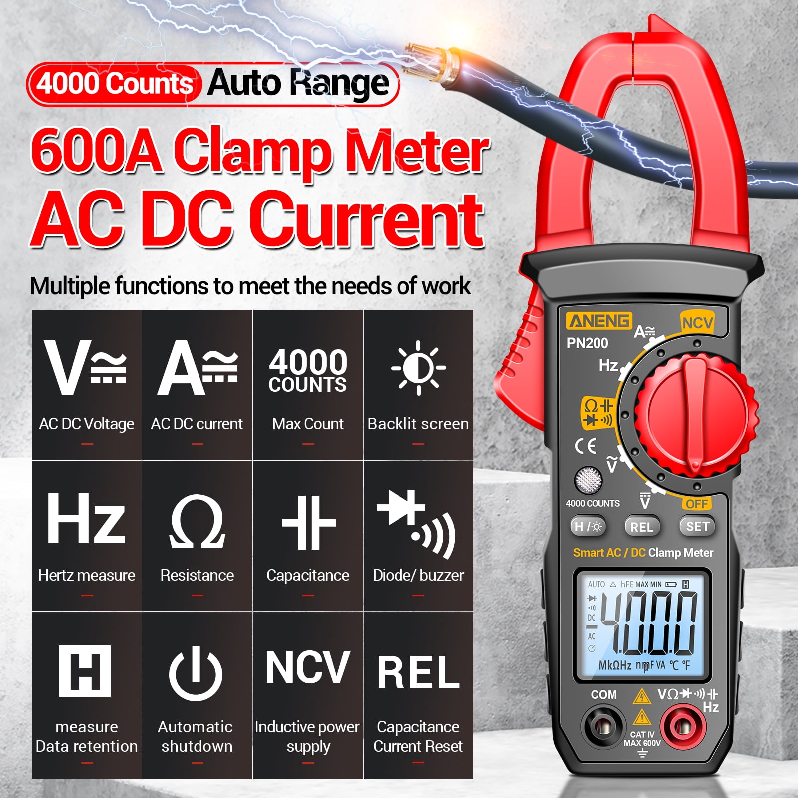 ANENG PN200 Clamp Meter Multimeter Tester with AC/DC Current,AC/DC Voltage, NCV Amp Ohm Volt 4000 Counts Meter Measures Capacitance, Resistance, Diodes, Continuity Frequency Backlight Electric Tools