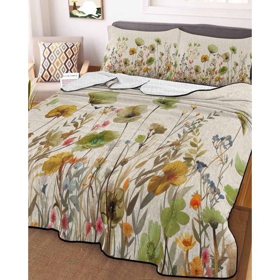 Sage Green Yellow Spring Floral Full Size Down Alternative Comforter,Lightweight Comforter Quilt Bedding Set with Pillow Shams Watercolor Botanical Summer Flowers Bed Comforter Duvet Insert 78"x90"