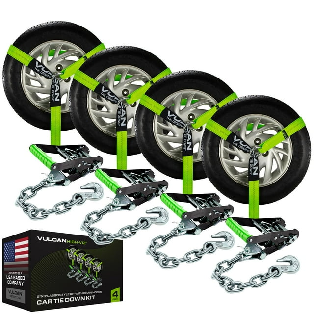 Vulcan Car Tie Down With Chain Anchors - Lasso Style - 2 Inch X 96 Inch - 4 Pack - High-Viz - 3 300 Pound Safe Working Load