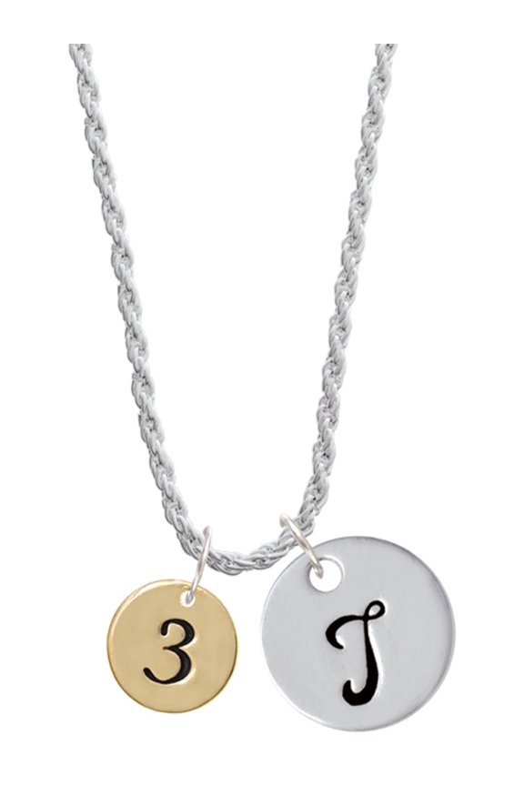 Goldtone Disc 1/2'' Number - 3 - Silvertone Script Initial Disc - T - Charm Necklace, 20"+3"
