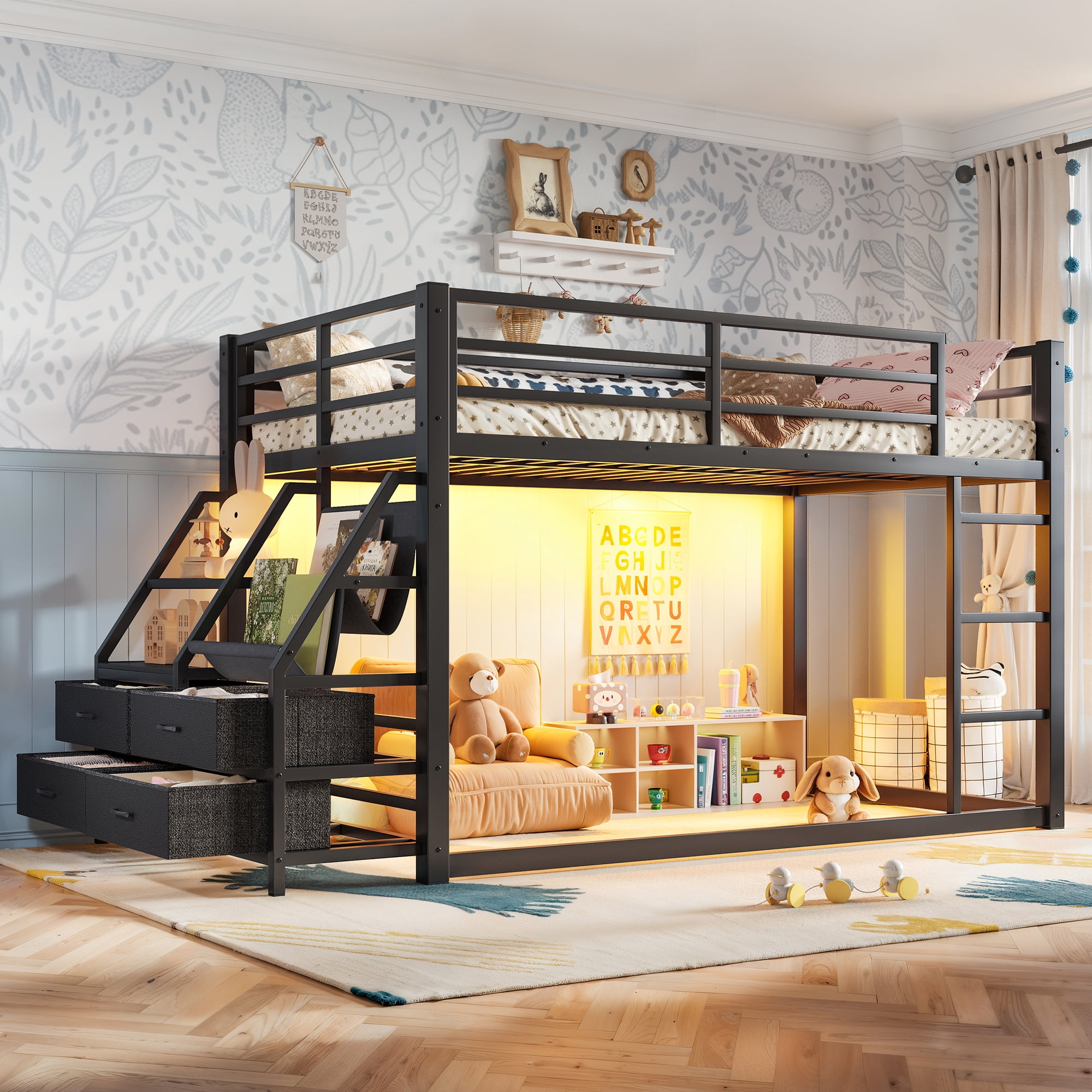 Leumius Metal Bunk Bed Twin over Twin with Storage Shelves and Drawers,Metal Bunk Bed Frame with LED Lights,No Box Spring Need,Black
