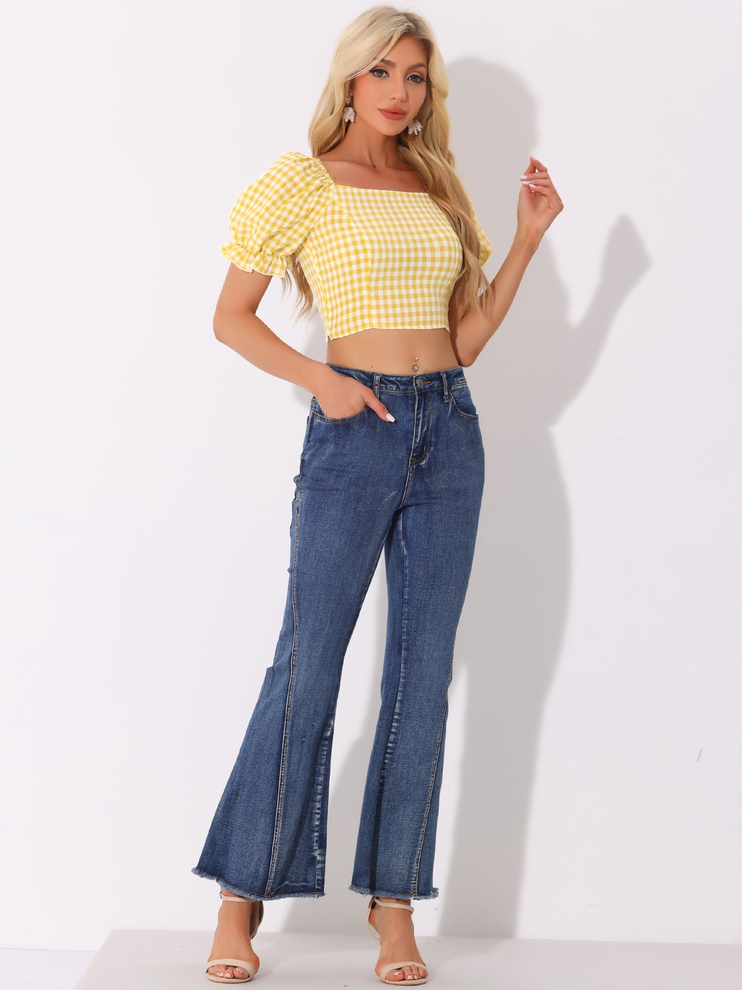 DARING DIVA Women's Smocked Crop Gingham Blouse Top XS Yellow