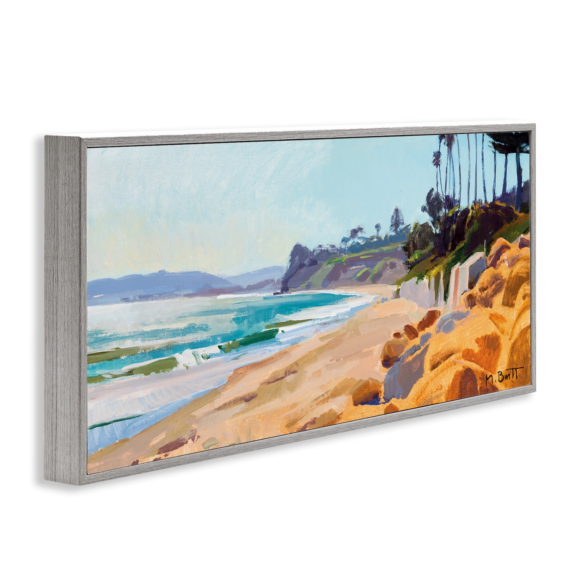 Stupell Industries Summer Beach Landscape Painting Nature Painting Gray Framed Art Print Wall Art, 24 x 10