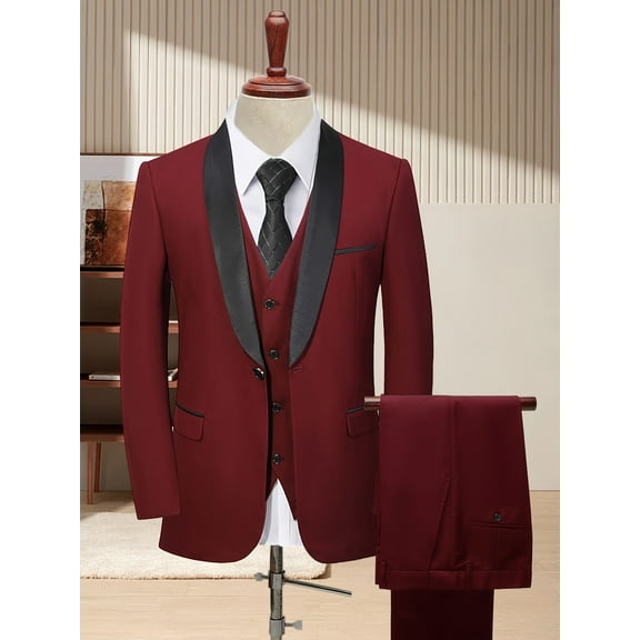 Wedding Guest Suits For Men 3pcs Outfit Set, Men'S Long Sleeve One Button Shawl Collar Jacket, Red, With Pockets & Slim Fit Pants Set, Wedding Banquet