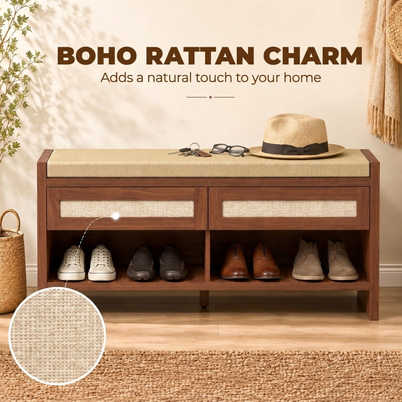 Alvantor Shoe Storage Bench with Rattan Drawers & Cushioned Seat for Entryway 42.5"x13.8"x19.7" Brown