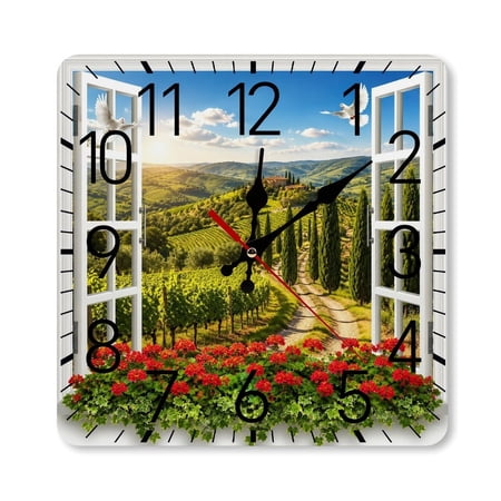 RKSupls 10×10inch Square Silent Wall Clock Wooden Frame, Tuscany Vineyard Window Red Scale Decorative Clock for Home Bedroom Living Room Office