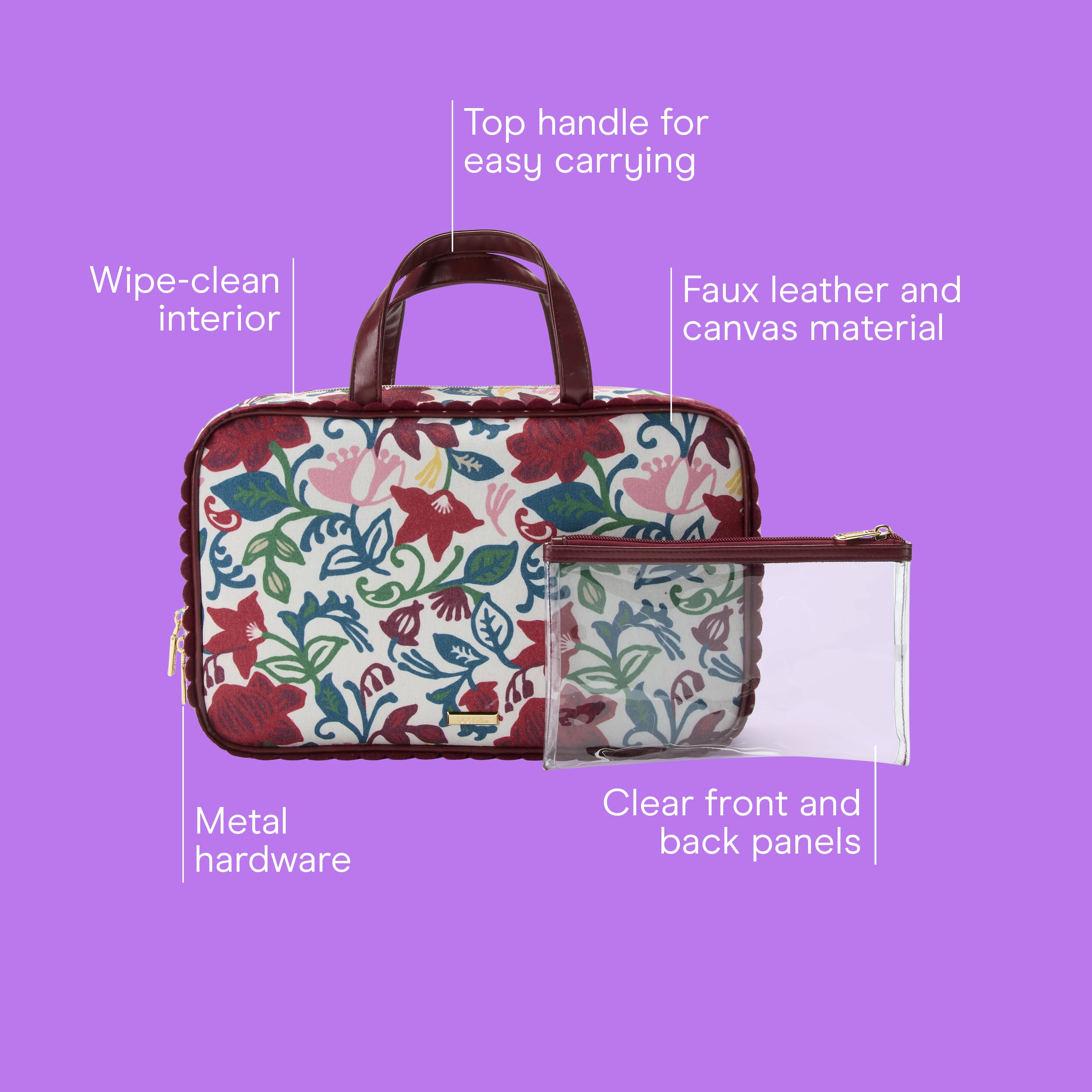 Conair Floral Canvas Weekender Cosmetic Bag with Removable Pencil Case, 2-Piece Set