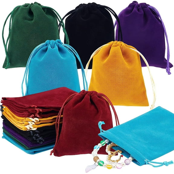 24Pcs 6 Colors Velvet Jewelry Pouches Drawstring Bags with Polyester Cords Rectangle Mixed Color 12.3x10.1x0.3cm 4pcs/color