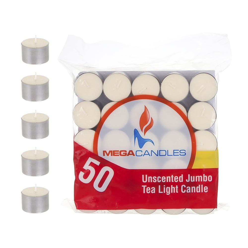 Mega Candles Unscented Jumbo Tea Light Candles Ivory, Set of 50
