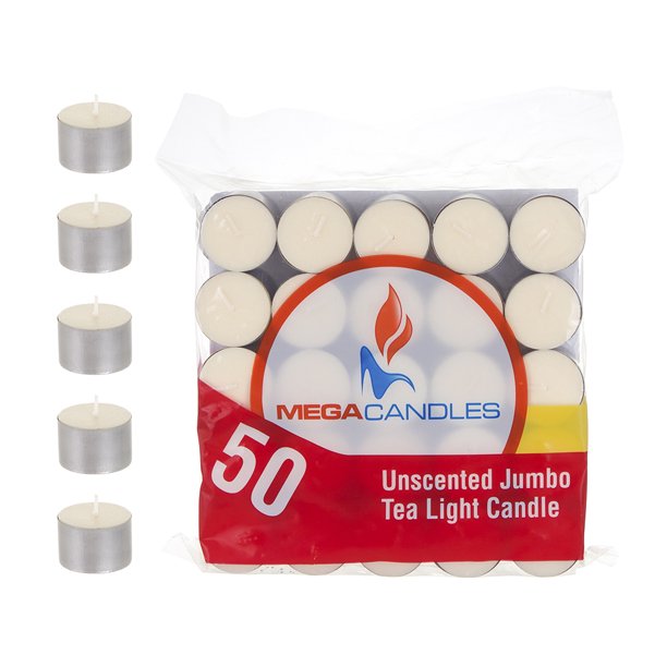 Mega Candles Unscented Jumbo Tea Light Candles Ivory, Set of 50
