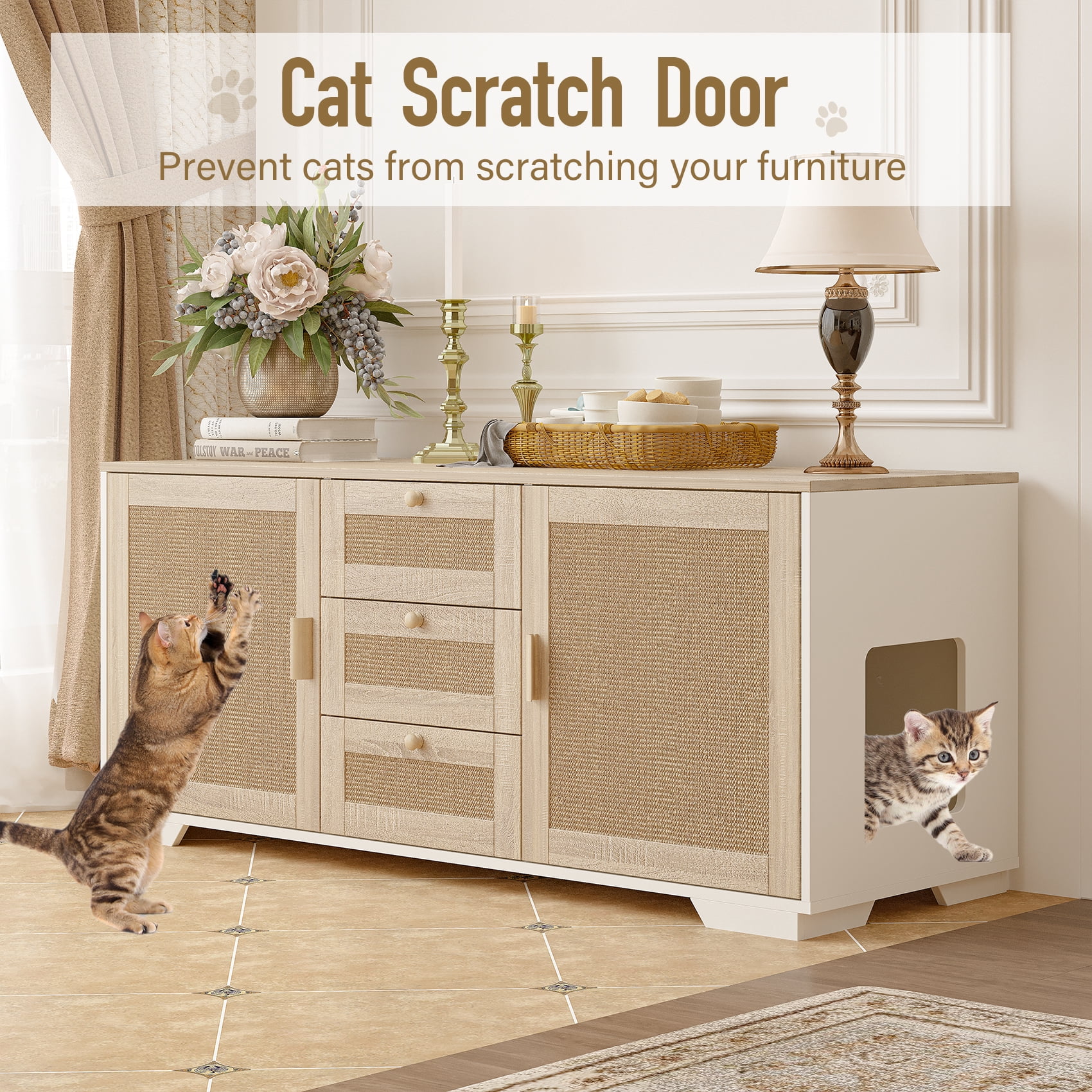 Faceket Cat Litter Box Enclosure Furniture, 55.2" L x 24.2" W x 20.2" H, Hidden Indoor 2-in-1 Wooden Cabinet with Scratching Board Doors & 3 Drawers, for 2 Cats, White