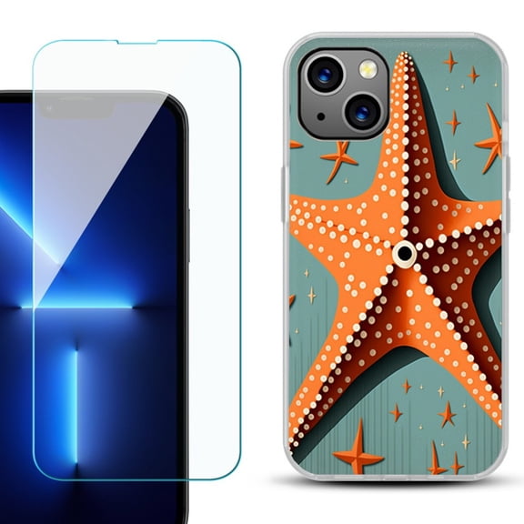 Slim-Fit TPU Phone Case for iPhone 14, with Tempered Glass Screen Protector, by OneToughShield ® - Sea Star