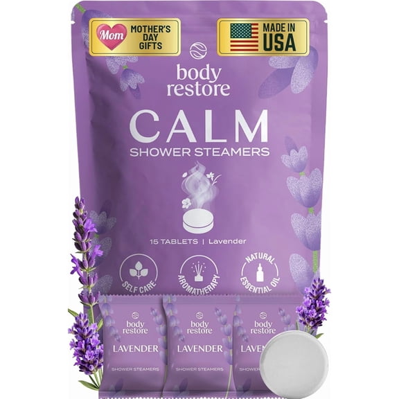 Body Restore Calm Shower Steamers Aromatherapy 15 Count – Lavender, Long Lasting, Individually Wrapped, Spa Stress Relief Self Care Gift for Women and Men