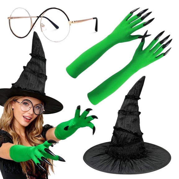 Kabuer Halloween Green Witch Costume Set- 4Pcs Black Witch Hat Glasses and Green Claw Gloves Witch Costume for Halloween PartyAccessories