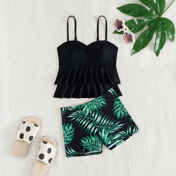 Teen Swimsuits Ruffled Hem Top and Shorts 2 Piece Tropical Swimsuit Set Baby Bathing Suit Girl Black 11