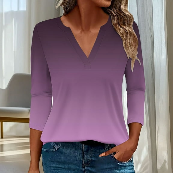 CLOISE T Shirts for Women 3/4 Sleeve Plus Size Tops V Neck Casual Pullover Gradient Loose Summer Blouses Purple 2XL