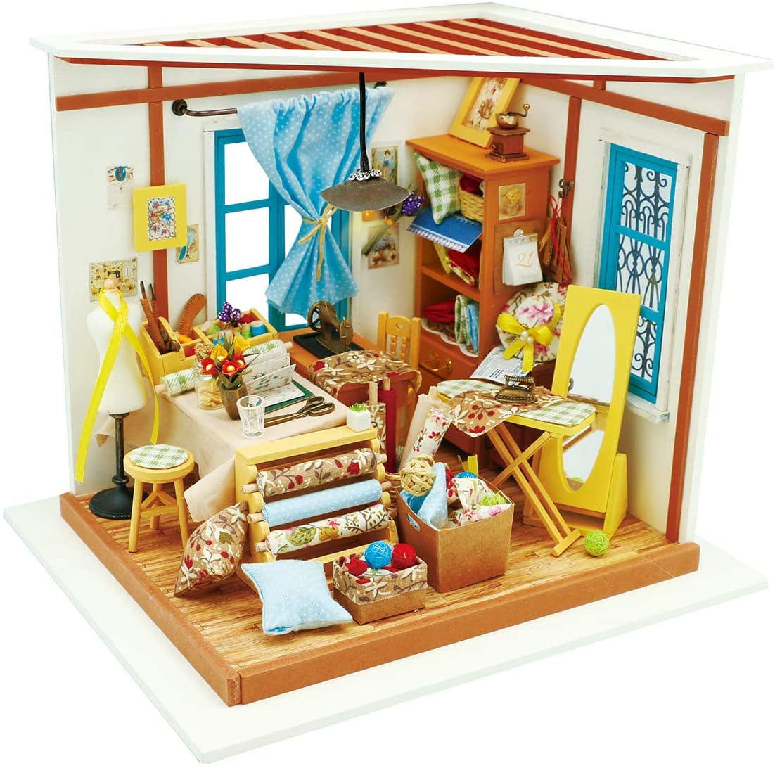 Rolife DIY Miniature Dollhouse Kit 1/24 Sewing Room with LED Gifts for Boys Girls Women