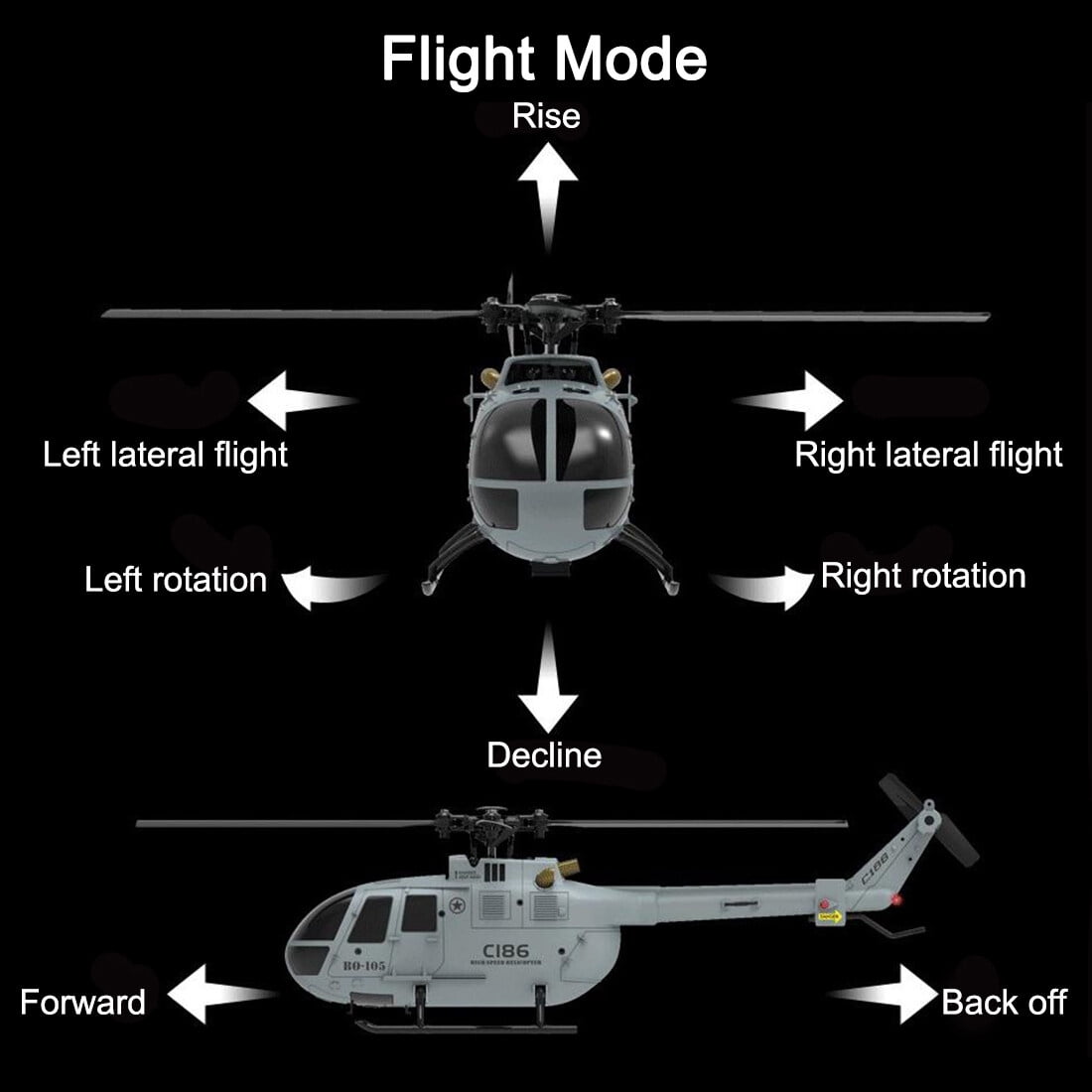 C186 BO105 RC Helicopter 2.4G 4CH Single Rotor 6-Axis Gyro RTF Flying Military Aircraft Model with Altitude Hold Optical Flow/ One-Key Takeoff for Adults & Teens