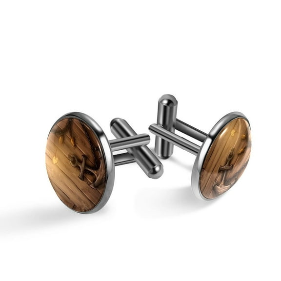 PhooArto Men's Classic Stainless Steel, Vintage Wooden Board Anchor Cufflinks Business Wedding Shirts, Black