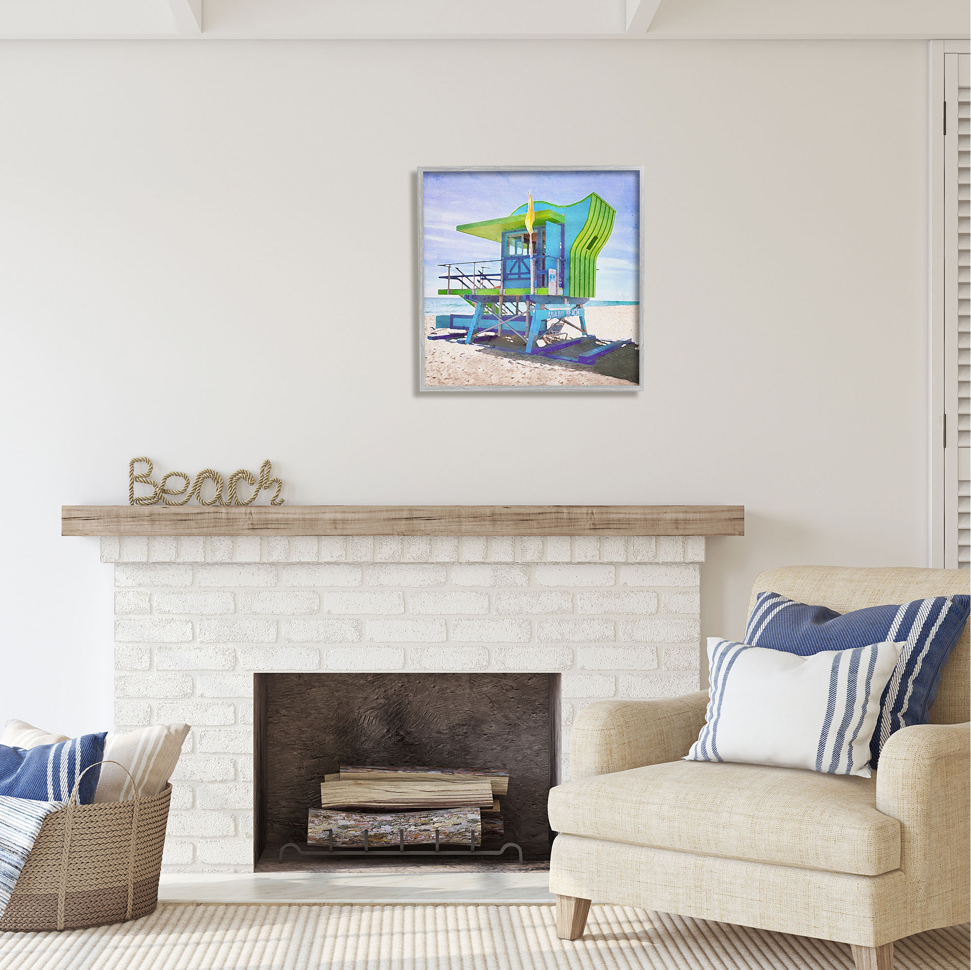 Stupell Industries Green Beach Hut Nature Painting Gray Framed Art Print Wall Art, 24 x 24