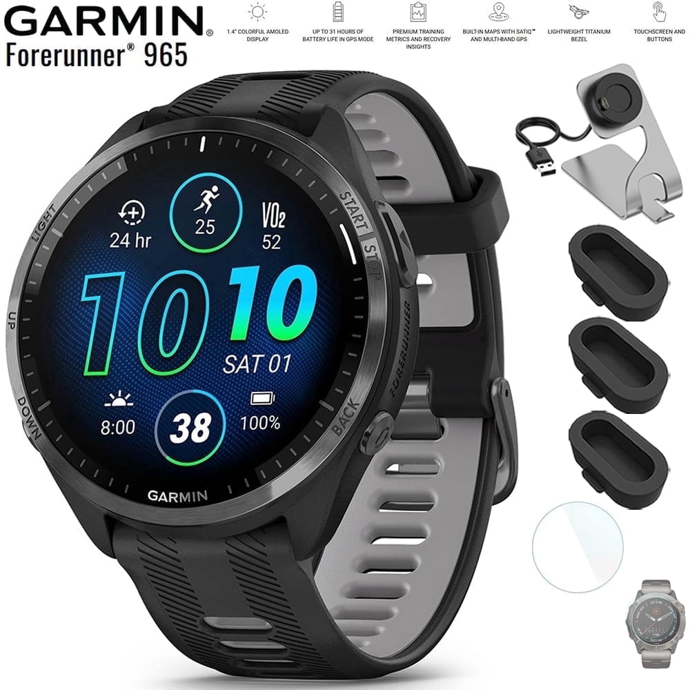 Garmin 010-02809-00 Forerunner 965 Running Smartwatch Black and Powder Gray Bundle with Deco Essentials Charging Dock, Silicone Dust Cover 3 Pack and 1.4 Inch Screen Protector