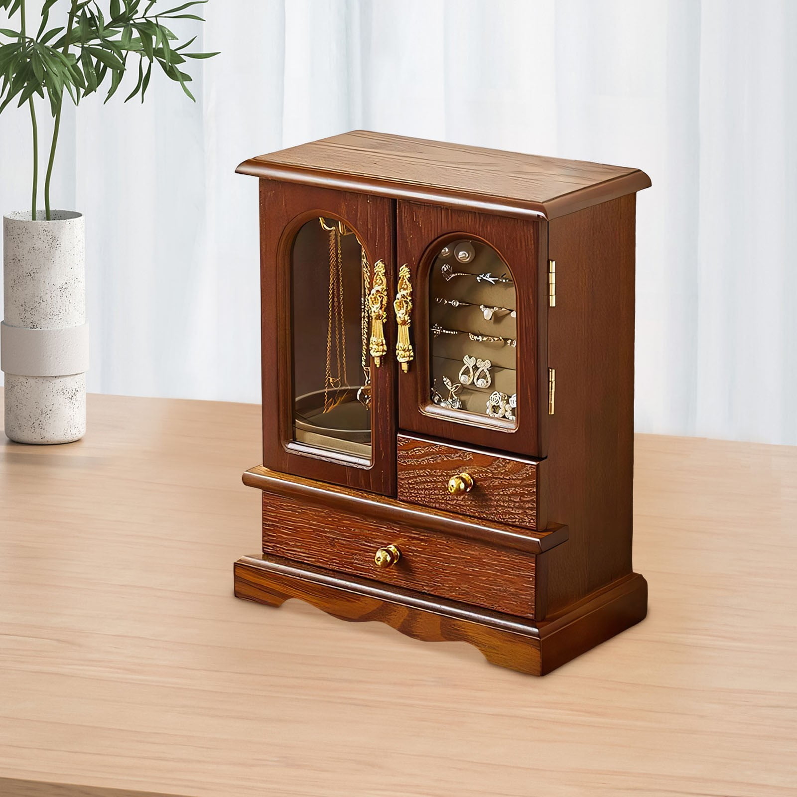 Kumdkd Kendal Wooden Jewelry Box for Women with Mirror - Solid Wood Jewelry Organizer with Rotating Necklace Hooks, 2 Drawers, Ring Slots, Gift for Her, Birthday, Christmas, Mother's Day, Anniversary