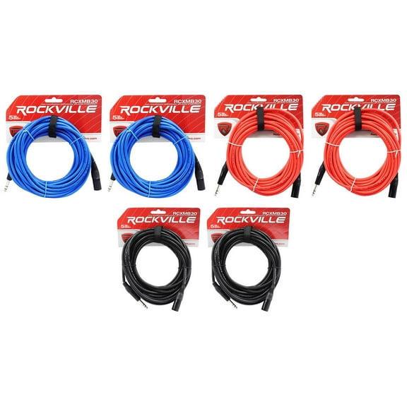 6 Rockville 30' Male REAN XLR to 1/4'' TRS Cable (3 Colors x 2 of Each)
