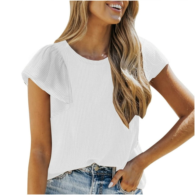 Timegard Tops for Women Trendy Ruffle Short Sleeve Slim Solid Color Knit Tee Casual Going out Tops Summer