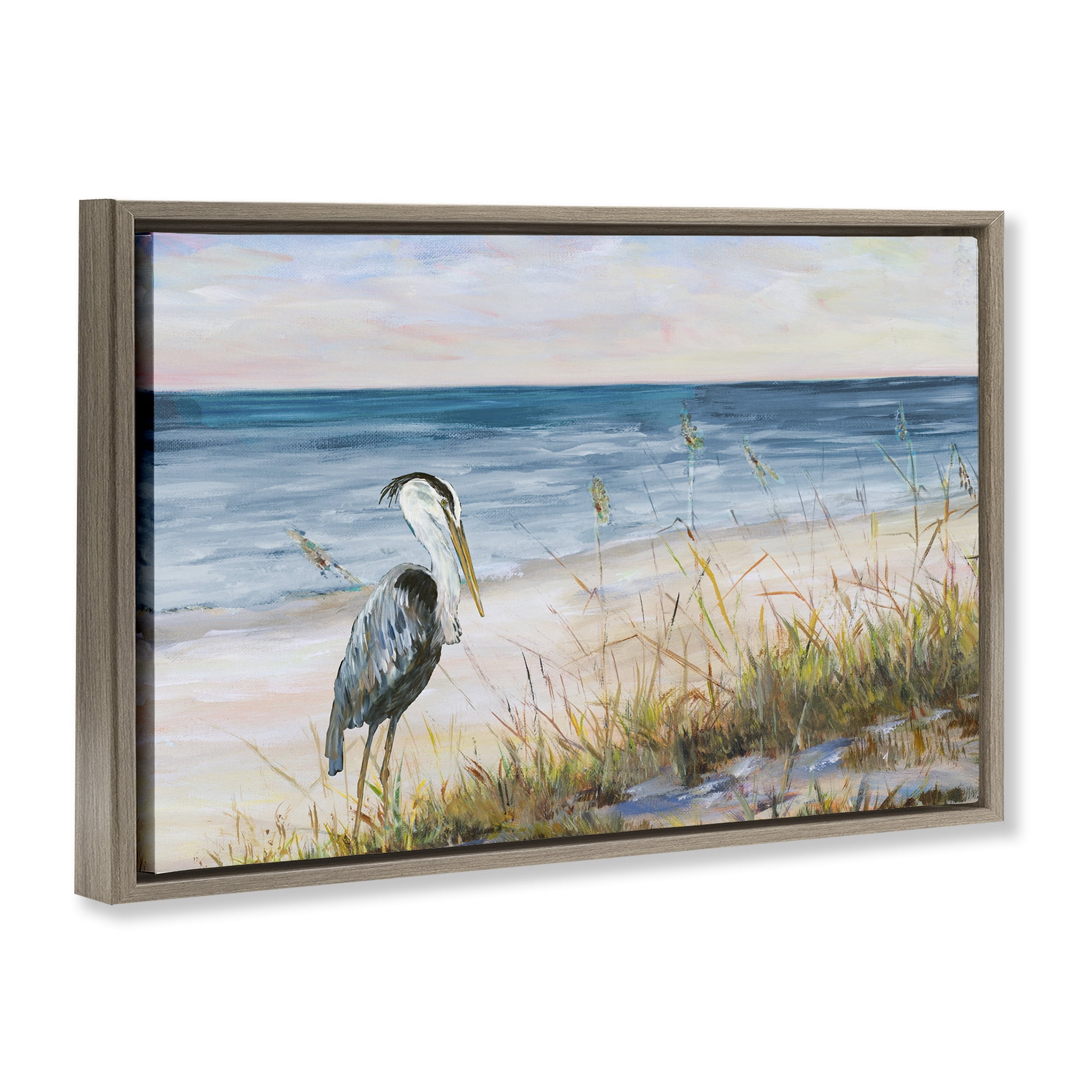 Stupell Industries Calm Pelican on Beach Landscape Painting Brown Floater Framed Canvas Art Print Wall Art, 31 x 21