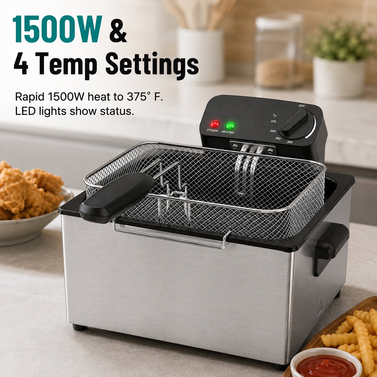 Alvantor Electric Deep Fryer with Adjustable Temperature, 1500W, Stainless Steel, 3L/5L Capacity