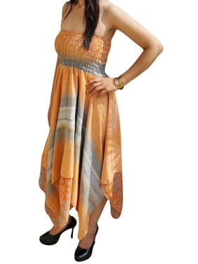Mogul Womens Vintage Halter Recycled Sari Dress Handkerchief Hem Two Layer Printed Summer Resort Fashion Sundress S/M