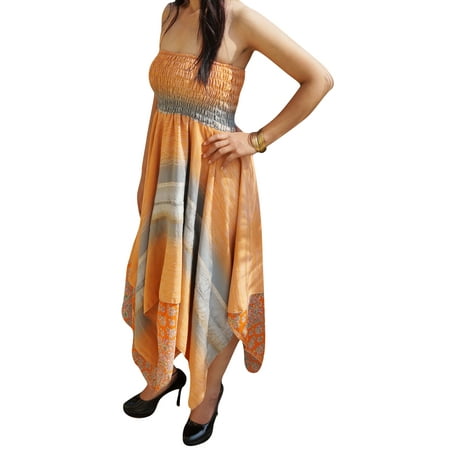 Woven Sari - Mogul Womens Vintage Halter Recycled Sari Dress Handkerchief Hem Two Layer Printed Summer Resort Fashion Sundress S/M