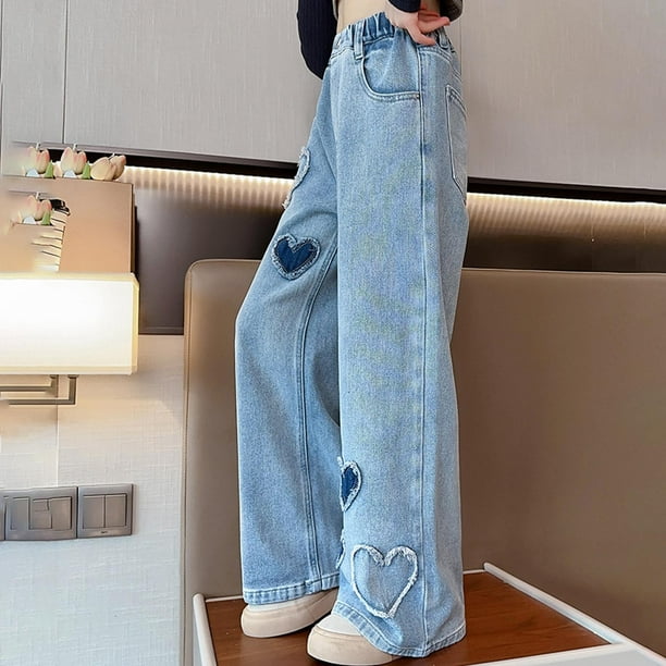 POIUYTR Girls Baggy Jeans Elastic Wasit Wide Leg Denim Pants