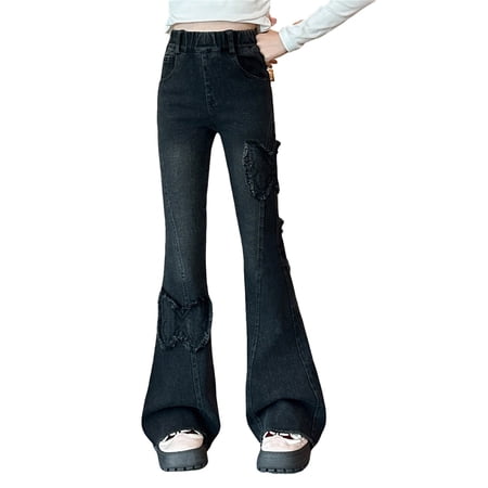 JIAYUE Girls Pants Flared Denim Stylish Bootcut Jeans Distressed Patchwork Floor-Length Kids Comfortable Slim Fit Casual Trousers Children Fashion Bottoms