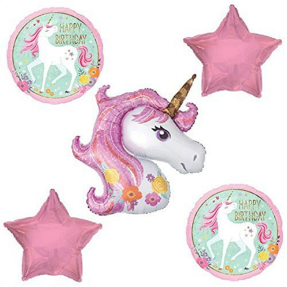 Unicorn Pink Glitter Magical Happy Birthday 5 Piece Mylar Bouquet of Balloons Set