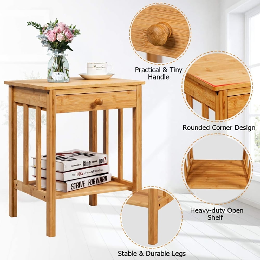Finihen Bamboo End Table, Sofa Side Table, Bed Side Table, Multipurpose Bamboo End Table with Drawer and Storage Shelf, for Living Room, Bedroom, Natural Finihen Bamboo End Table, Sofa Side Table, Bed Side Table, Multipurpose Bamboo End Table with Drawer and Storage Shelf, for Living Room, Bedroom, Natural